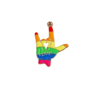 Rainbow enamel I Love You hand gesture pendant with gold love script and metal ring
