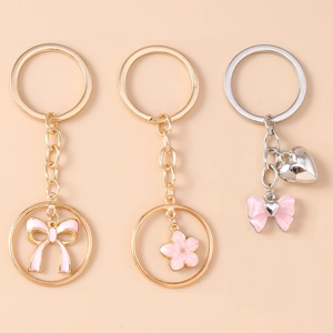 Zinc Alloy Enamel Cherry Blossom Bow Heart Keychain Women Fashion Metal Bag Pendant Decorative Jewelry Key Ring Gift