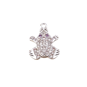 Silver frog pendant with white rhinestones and purple eyes for DIY jewelry making