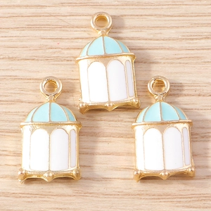 Golden alloy birdcage pendants with blue and white enamel for DIY jewelry making