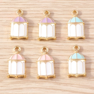Set of 6 colorful alloy birdcage charms for DIY jewelry making in pink, purple, and blue