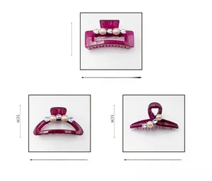 Detailed size specifications for red resin hair claws with pearls and rhinestones