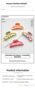 Macro shot of acrylic shark hair clips featuring cute peach and avocado fruit prints