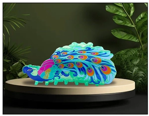 Détail du motif de plumes de paon sur la grande pince à cheveux en acétate aux couleurs vives