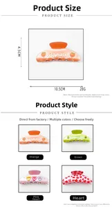 Detailed size view and color options for fruit-themed acrylic hair claw clips set