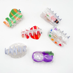 Acrylic fruit hair clips collection including purple mangosteen and colorful apple designs