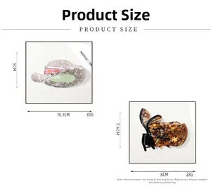Detailed size chart for vintage acetate claw clips in hat and boot shapes