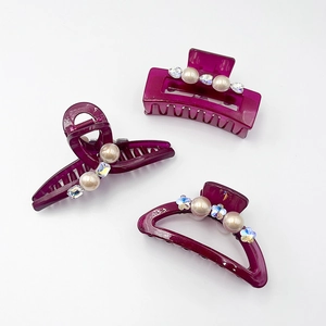 Elegant Deep Purple Resin Hair Claw Clips With Faux Artificial Pearl And Rhinestone Decoration Geometric Shark Clips For Women Hair Styling