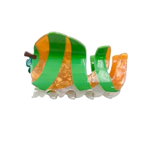 Acrylic hair claw clip with orange and green stripes and mother-of-pearl luster finish