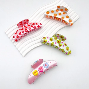 Acrylic hair claw clips set with cute heart and fruit prints for stylish hair styling
