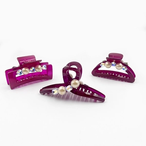 Elegant purple pearl and rhinestone hair claw clips set in three assorted shapes