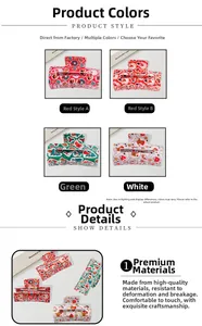 Detailed view of colorful Christmas themed hair claws with Santa and reindeer patterns