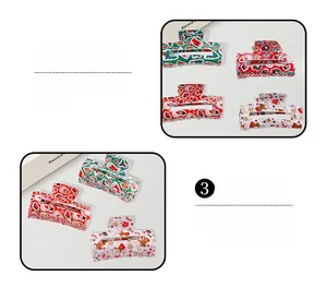 Close-up of colorful Christmas hair claws with Santa, reindeer, and candy cane prints
