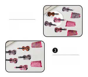 Detail of violin shaped hair claw clips featuring leopard prints and wood textures