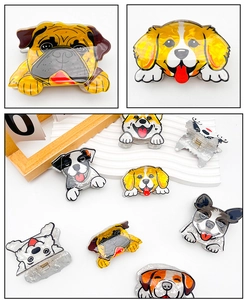 Detailed macro view of various cartoon dog hair claws made of high-quality acetate material