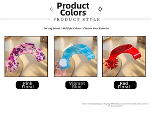 Detailed views of floral acetate hair claws in pink floral, vibrant blue, and red rose styles