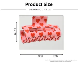 Pink heart claw clip dimensions showing length of 8cm and height of 4.2cm on white background