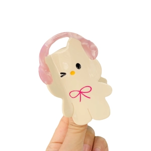 Pince à cheveux mignonne en acétate crème avec design d'ours et protège-oreilles roses