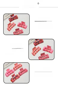 Detailed close-up showing pink heart hair claw clips from multiple angles and perspectives
