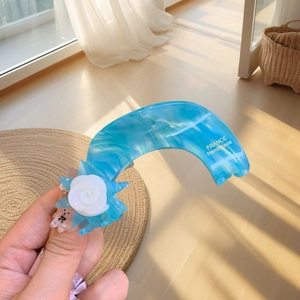Blue acetate hair claw clip with white rose and pink glittery bear pendant
