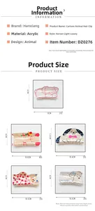Detail view of large acrylic hair claws with cute cartoon animals and measurements