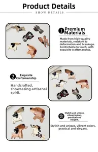 Détail de la pince à cheveux en acrylique montrant le design de chien fait à la main