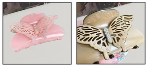 Détail de pinces à cheveux papillon en acétate rose et beige avec strass brillants