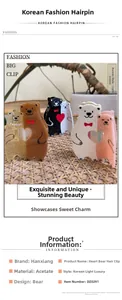 Vue détaillée des pinces à cheveux en acétate motif ours et cœur en plusieurs couleurs