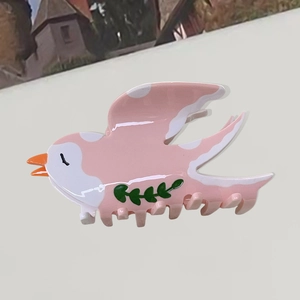 Pince à cheveux en forme d'oiseau rose et blanc avec motif de feuilles en acétate