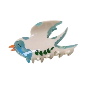 Pince à cheveux mignonne en forme d'oiseau en acétate crème et bleu avec motifs