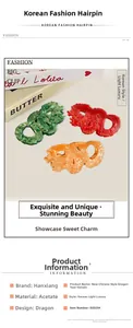 Detail of dragon-shaped acetate hair claws in red, green and orange Chinese style