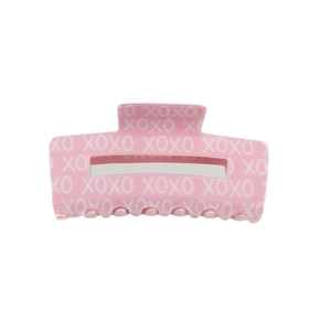 Pince à cheveux rectangulaire en acrylique rose avec imprimé XOXO blanc pour femmes