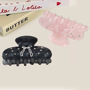Pinces à cheveux élégantes avec nœud et strass en acétate noir et rose pour femmes