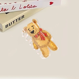 Pince à cheveux ours en peluche mignon en résine ambrée avec écharpe à cœur rouge