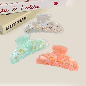 Large Acrylic Hair Claw Clip Star Moon Pattern Rhinestone Elegant Shark Clip For Women Girls Thick Hair Accessories