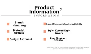 Detailed product specifications for acetate astronaut hair claw with Korean luxury style