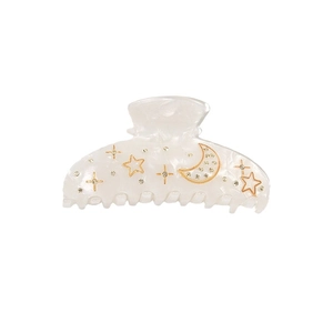 Elegant white acrylic hair claw with gold stars and rhinestones for women hair styling