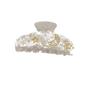 Pince à cheveux élégante en acrylique marbré blanc avec étoiles dorées et strass brillants