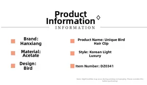 Detailed product information for acetate bird hair clip in Korean light luxury style