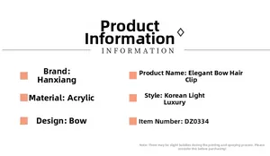 Detailed acrylic bow hair claw clip specifications showing the material and style guide