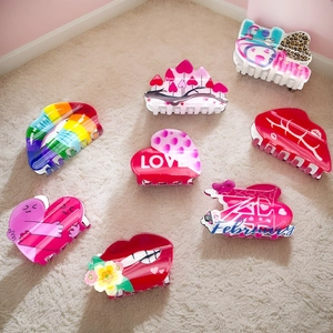Acrylic Red Lips Valentine's Day Heart Hair Claw Clips For Women Rainbow Romantic LOVE Pattern Fashion Hair Accessories