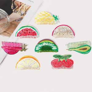 Cute acrylic fruit hair claws featuring hand-painted strawberry and watermelon designs