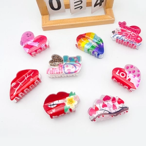 Acrylic heart and red lips hair clips with LOVE valentine patterns on white background