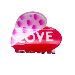 Romantic pink heart claw clip with red LOVE lettering and gradient acrylic finish