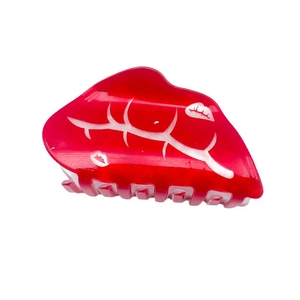 Acrylic red heart claw clip with white lip pattern for Valentine dating hairstyles