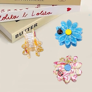 Three-piece set of floral acetate hair claws with ladybug charms on vintage books