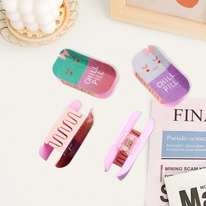 Glitter acrylic pill hair claw clips with Chill Pill lettering in creative colors