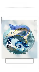 Detail view of acetate swordfish and wave pattern hair clips on clear blue glass base