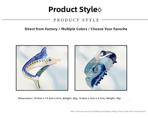 Detail of blue acetate hair claws in swordfish and mermaid shapes with glossy finish