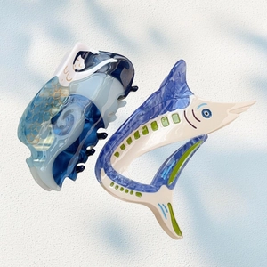 Cute acetate mermaid and swordfish hair clips with gradient colors and sea theme style